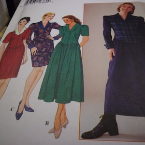 May include: A sewing pattern featuring four different dress styles. The dresses are in various colors and patterns, including red, green, blue, and plaid. The pattern includes instructions for making each dress.