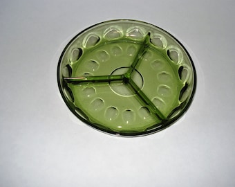 Hazel Atlas Glass, Thumbprint Pattern, Avocado Green, 3 - Section Divided Relish Dish