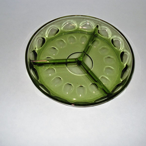 Hazel Atlas Glass, Thumbprint Pattern, Avocado Green, 3 - Section Divided Relish Dish