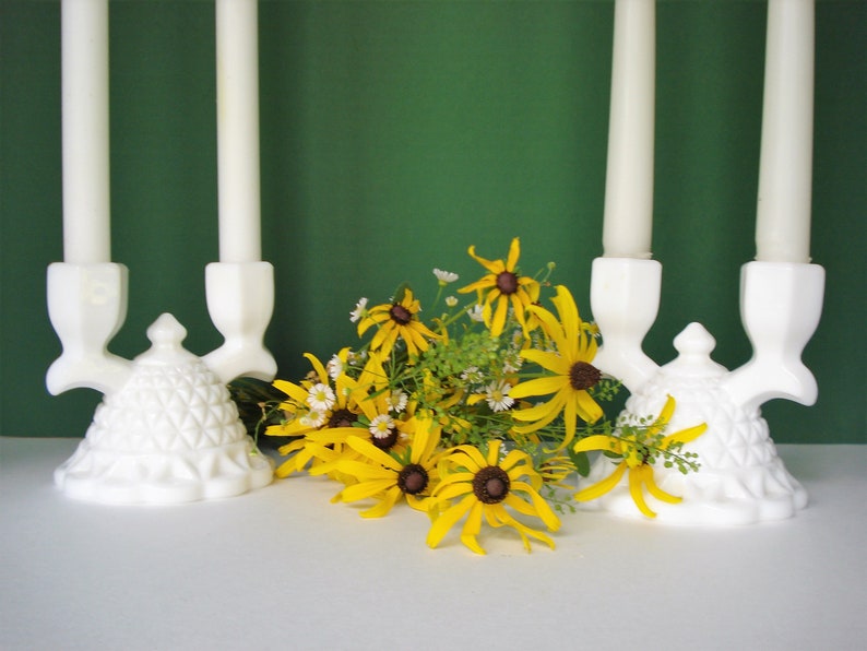 Lace Edge Pattern by Imperial Glass Company Milk Glass Double Candlestick Holders Vintage Set of 2