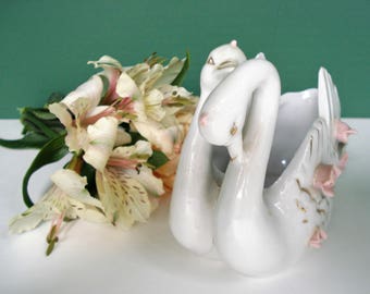 Vintage Double Swan With Applied Pink Roses - Made in Japan