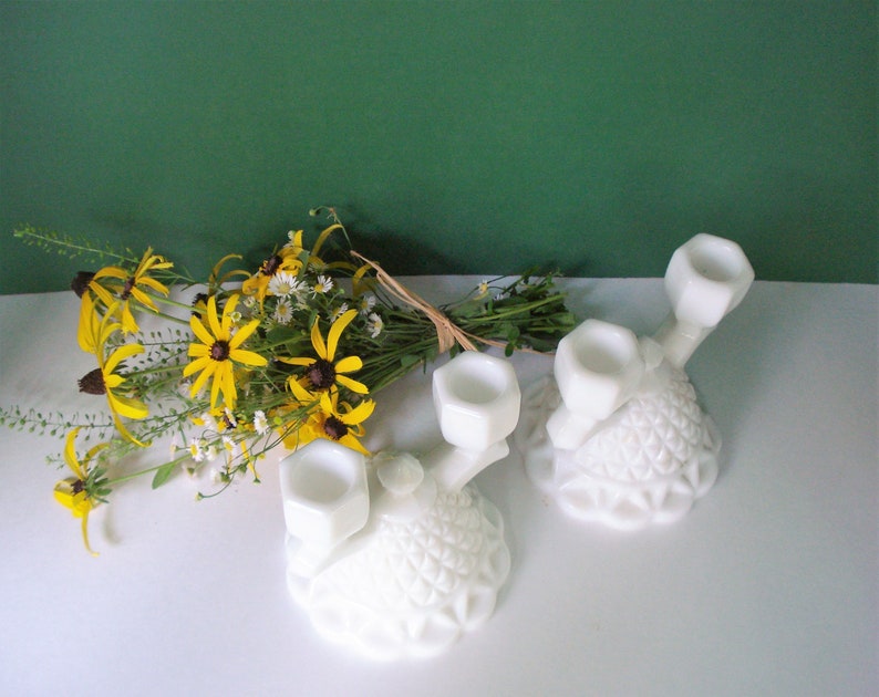 Lace Edge Pattern by Imperial Glass Company Milk Glass Double Candlestick Holders Vintage Set of 2