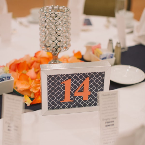 Navy and Coral Table Numbers in Silver Frames, Number 1-16