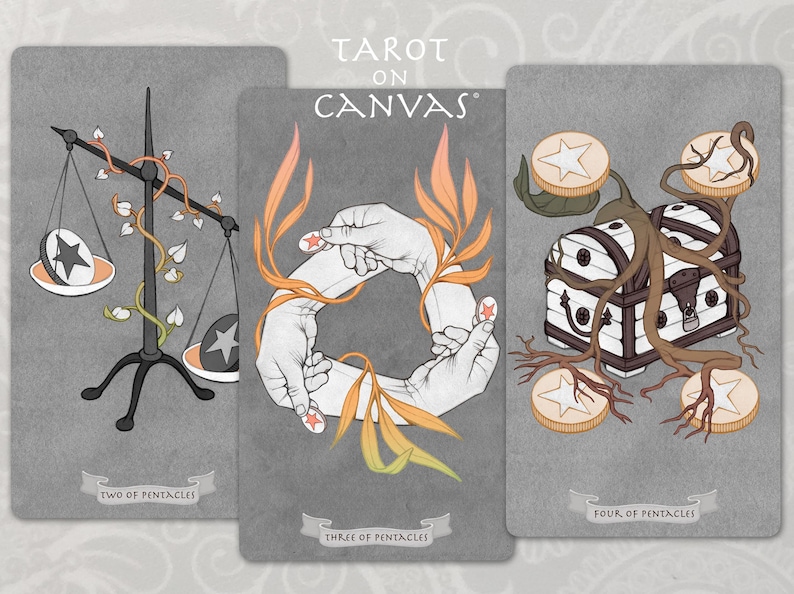 May include: Tarot on Canvas deck featuring three cards: Two of Pentacles, Three of Pentacles, and Four of Pentacles. The cards are illustrated with a scale, hands, and a chest with roots.