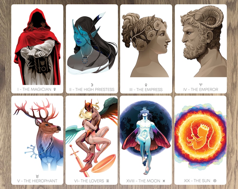 May include: Tarot card deck featuring colourful illustrations of the Major Arcana cards, including The Magician, The High Priestess, The Empress, The Emperor, The Hierophant, The Lovers, The Moon, and The Sun.