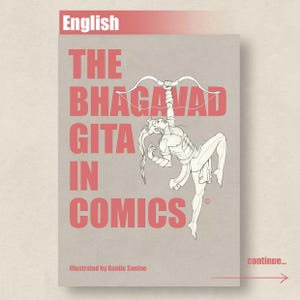 Puede incluir: Una portada de libro con fondo rosa y el título "The Bhagavad Gita in Comics" en texto blanco. La portada presenta una ilustración en blanco y negro de una persona sosteniendo un arco y una flecha.