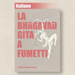 Puede incluir: Una portada de libro con fondo rojo y el título "La Bhagavad Gita a Fumetti" en texto blanco. La portada presenta una ilustración en blanco y negro de una persona colgada de un arco y una flecha.