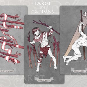 May include: Three tarot cards with illustrations of people and sticks. The cards are titled "Eight of Wands", "Nine of Wands", and "Ten of Wands".