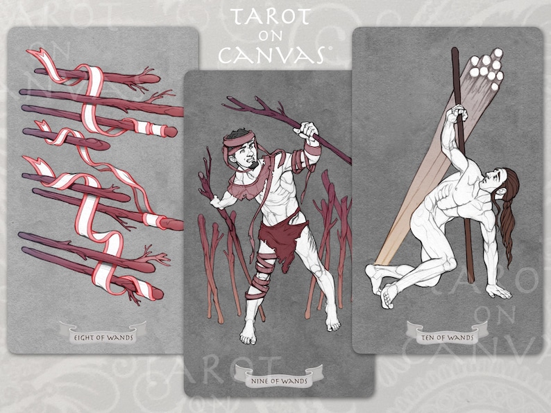 May include: Three tarot cards with illustrations of people and sticks. The cards are titled "Eight of Wands", "Nine of Wands", and "Ten of Wands".