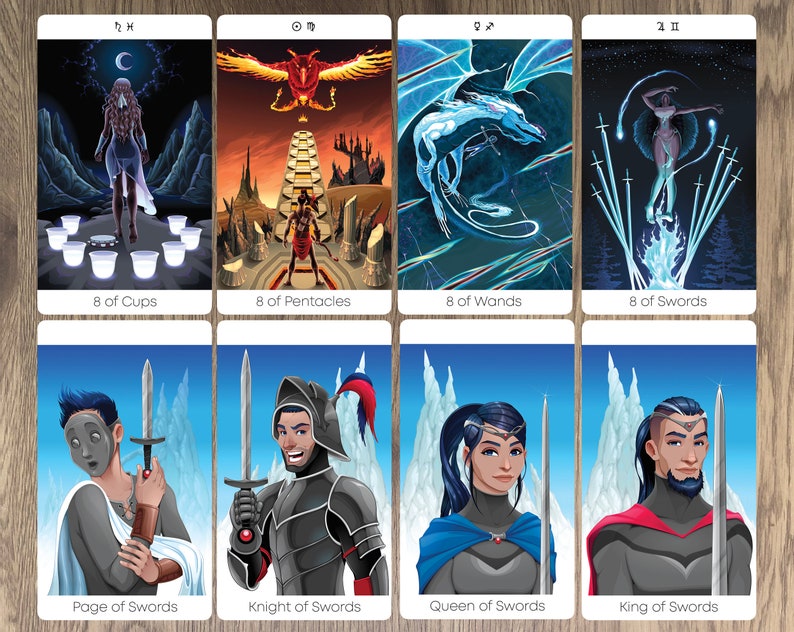May include: Tarot card deck featuring illustrations of the 8 of Cups, 8 of Pentacles, 8 of Wands, 8 of Swords, Page of Swords, Knight of Swords, Queen of Swords, and King of Swords.