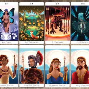 May include: Tarot card deck featuring illustrations of the 9 of Cups, 9 of Pentacles, 9 of Wands, 9 of Swords, Page of Wands, Knight of Wands, Queen of Wands, and King of Wands.