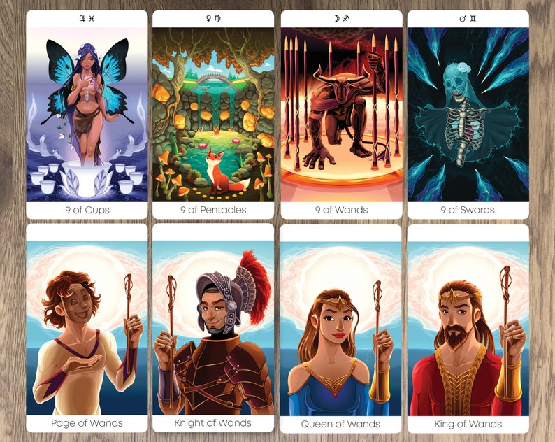 May include: Tarot card deck featuring illustrations of the 9 of Cups, 9 of Pentacles, 9 of Wands, 9 of Swords, Page of Wands, Knight of Wands, Queen of Wands, and King of Wands.