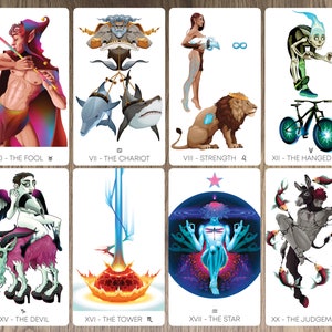 May include: A set of tarot cards with colourful illustrations depicting various characters and symbols. The cards are numbered 0-22 and include titles such as "The Fool", "The Chariot", "Strength", "The Hanged Man", "The Devil", "The Tower", "The Star", and "The Judgement".