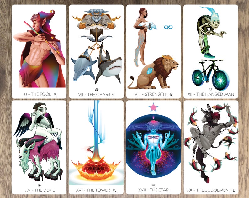 May include: A set of tarot cards with colourful illustrations depicting various characters and symbols. The cards are numbered 0-22 and include titles such as "The Fool", "The Chariot", "Strength", "The Hanged Man", "The Devil", "The Tower", "The Star", and "The Judgement".