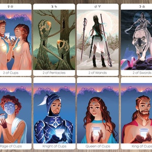 May include: Tarot card deck featuring illustrations of people and symbols. The cards are arranged in a grid of four rows and four columns. Each card has a different image and title. The cards are on a wooden background.