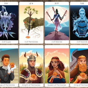May include: Tarot card deck featuring illustrations of the 3 of Cups, 3 of Pentacles, 3 of Wands, 3 of Swords, Page of Pentacles, Knight of Pentacles, Queen of Pentacles, and King of Pentacles.