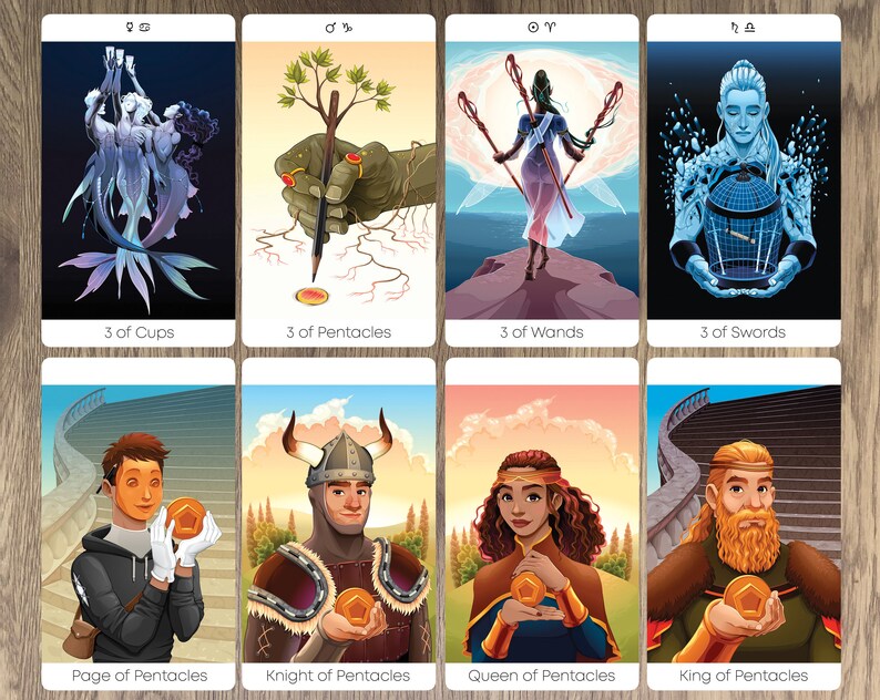 May include: Tarot card deck featuring illustrations of the 3 of Cups, 3 of Pentacles, 3 of Wands, 3 of Swords, Page of Pentacles, Knight of Pentacles, Queen of Pentacles, and King of Pentacles.