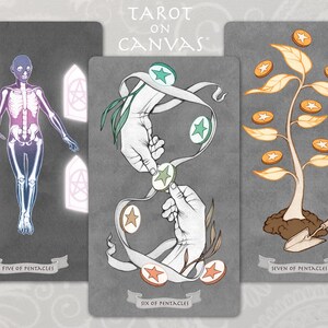 May include: Tarot card set featuring three cards: Five of Pentacles, Six of Pentacles, and Seven of Pentacles. The cards are illustrated with a skeleton, two hands exchanging coins, and a plant growing coins.