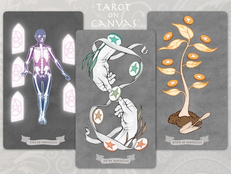 May include: Tarot card set featuring three cards: Five of Pentacles, Six of Pentacles, and Seven of Pentacles. The cards are illustrated with a skeleton, two hands exchanging coins, and a plant growing coins.