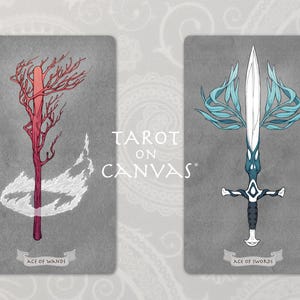 May include: Two tarot cards, Ace of Wands and Ace of Swords, with a gray background. The Ace of Wands card features a red and white wand with a white flame around it. The Ace of Swords card features a blue and white sword with a blue flame around it. The text "Tarot on Canvas" is printed in black on the cards.