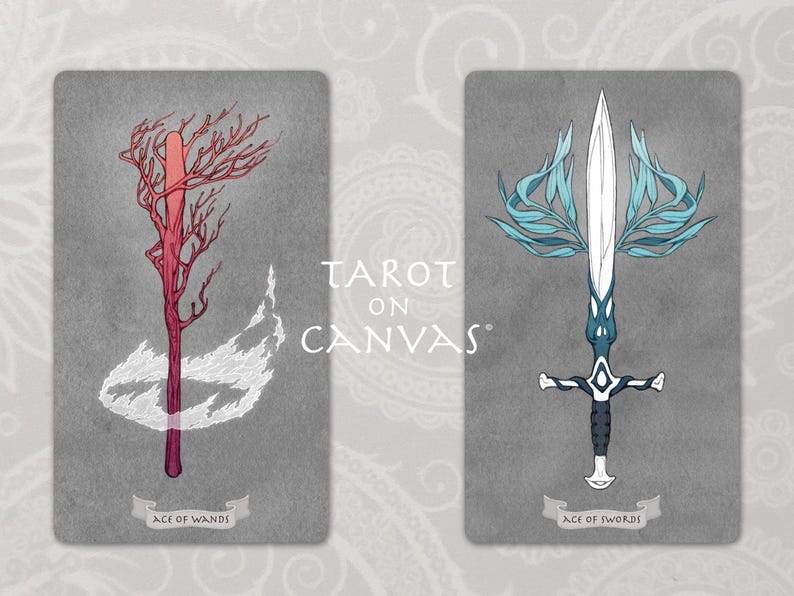 May include: Two tarot cards, Ace of Wands and Ace of Swords, with a gray background. The Ace of Wands card features a red and white wand with a white flame around it. The Ace of Swords card features a blue and white sword with a blue flame around it. The text "Tarot on Canvas" is printed in black on the cards.