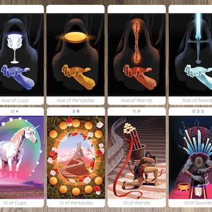 May include: Tarot card deck featuring illustrations of the Ace and Ten of each suit: Cups, Pentacles, Wands, and Swords. The cards are arranged in a grid with the Aces on the top row and the Tens on the bottom row.