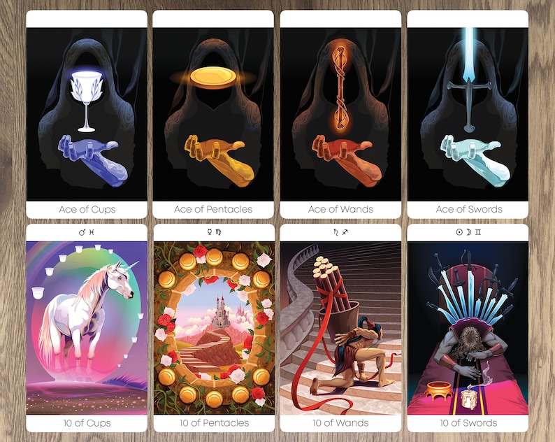 May include: Tarot card deck featuring illustrations of the Ace and Ten of each suit: Cups, Pentacles, Wands, and Swords. The cards are arranged in a grid with the Aces on the top row and the Tens on the bottom row.