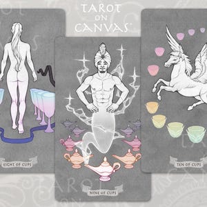 May include: Tarot card illustrations depicting the Eight of Cups, Nine of Cups, and Ten of Cups. The Eight of Cups shows a woman walking away from eight cups. The Nine of Cups shows a genie with a lamp and eight cups. The Ten of Cups shows a winged horse with ten cups.