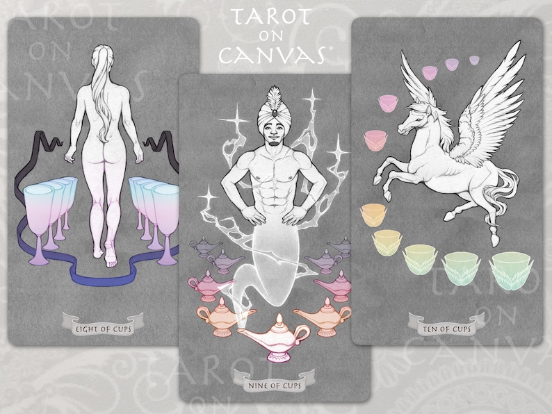 May include: Tarot card illustrations depicting the Eight of Cups, Nine of Cups, and Ten of Cups. The Eight of Cups shows a woman walking away from eight cups. The Nine of Cups shows a genie with a lamp and eight cups. The Ten of Cups shows a winged horse with ten cups.