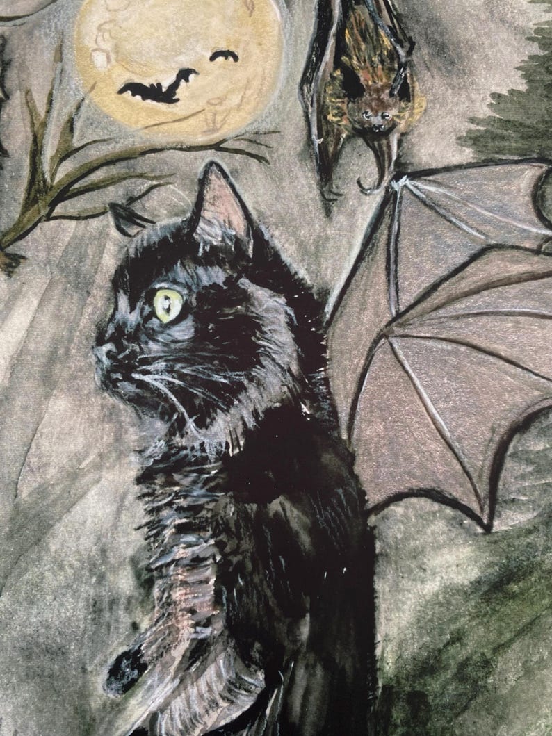 Black Cat Bat Wings Watercolor Print, Whimsigoth Illustration - Etsy UK
