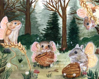 Fairy Mouse Art Print, Handpainted Woodland Nursery Decor
