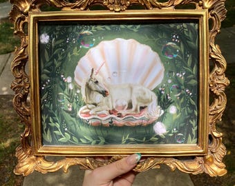 Whimsical Unicorn Art Print, Vintage Style Shell Illustration (8”x10” Matte Unframed)