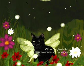 Black Cat Fairy Art Print, Whimsical Cat Lover Gift