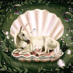 May include: A white unicorn with a silver horn rests inside a large, white seashell. The seashell is surrounded by green leaves and white flowers. There are also several soap bubbles floating around the unicorn and seashell.