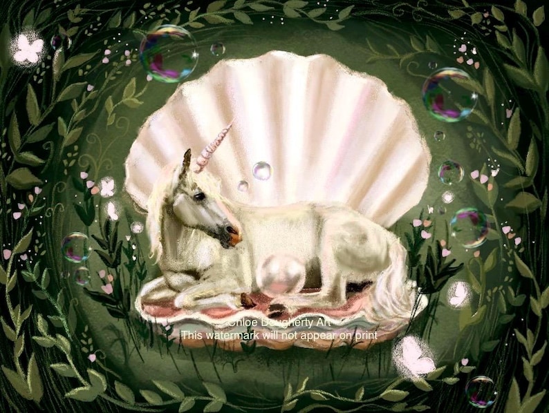 May include: A white unicorn with a silver horn rests inside a large, white seashell. The seashell is surrounded by green leaves and white flowers. There are also several soap bubbles floating around the unicorn and seashell.