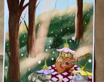 Frog & Toad Picnic Art Print, Whimsical Cottagecore Nursery, 8”x10”
