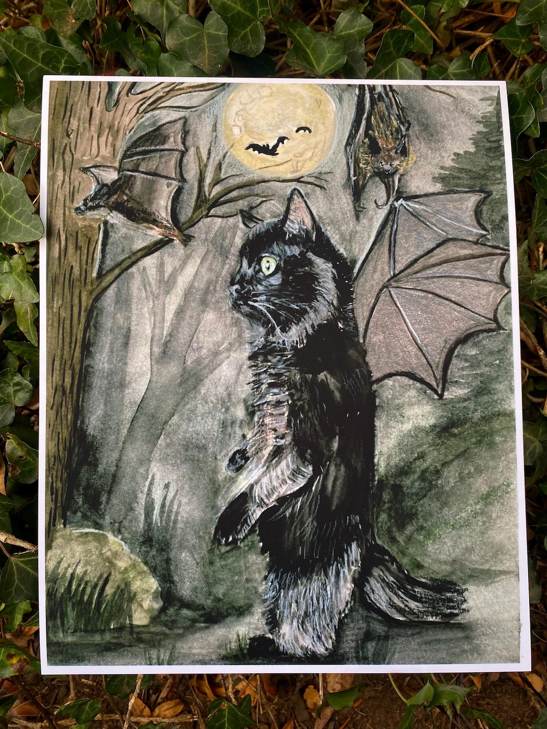 Black Cat Bat Wings Watercolor Print, Whimsigoth Illustration - Etsy