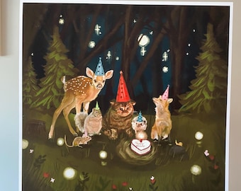 Whimsical Birthday Cat & Forest Animal Print, Matte Wall Art