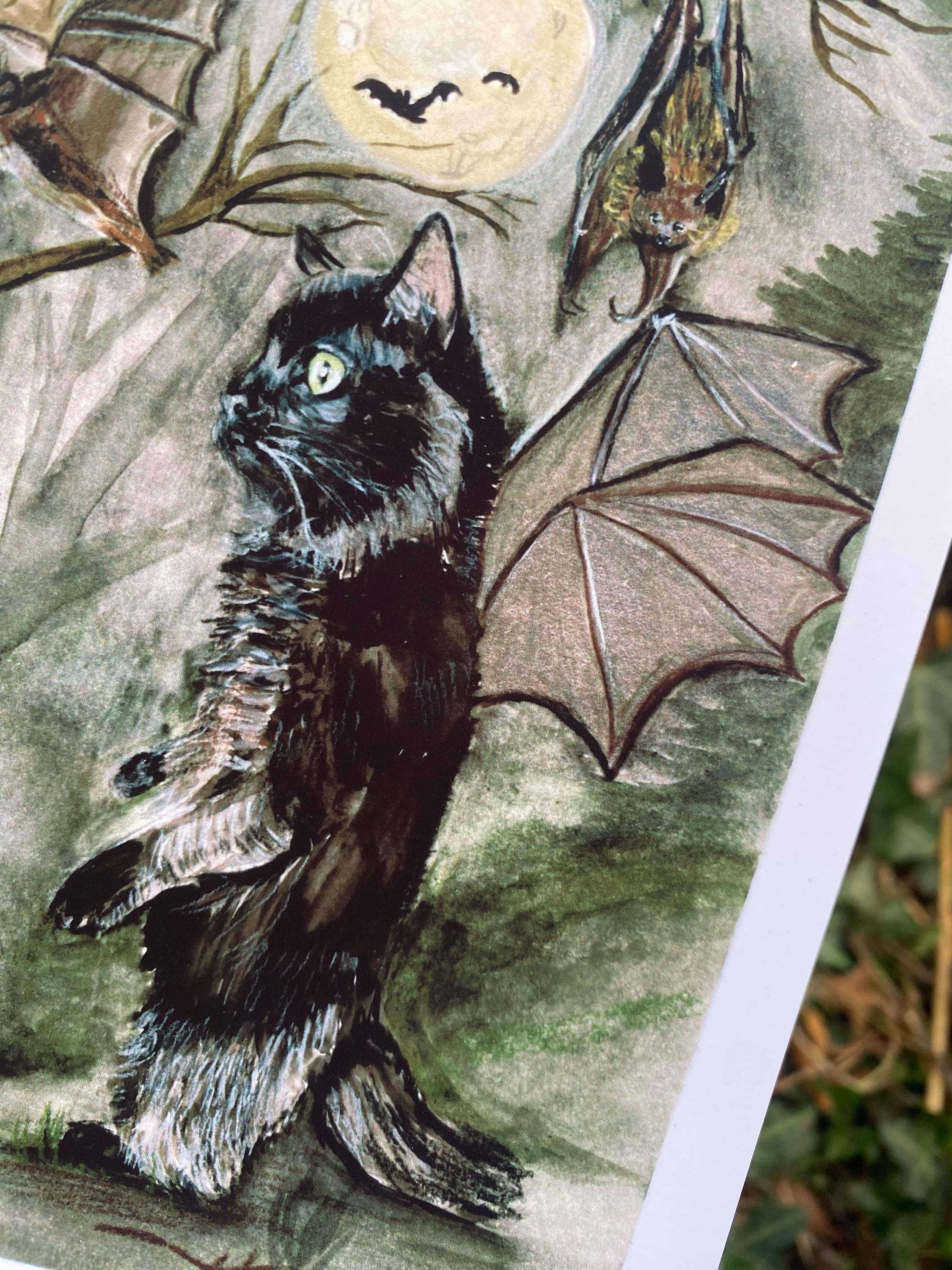 Black Cat Bat Wings Watercolor Print, Whimsigoth Illustration - Etsy