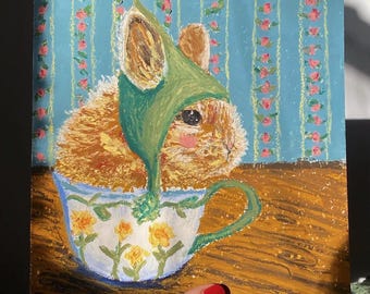 9”x9” Original Bunny Oil Pastel Painting, Cute Whimsical Bunny in Teacup Wall Art, Handpainted Art for Girls Room