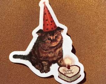 Sad Tabby Cat Birthday Sticker, Waterproof Vinyl Illustration