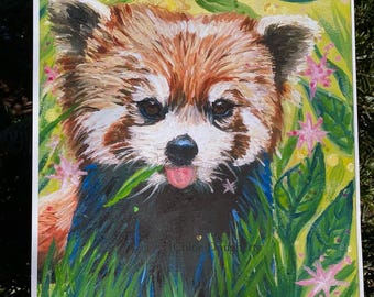 Red Panda Oil Painting Print, Whimsical Woodland Decor