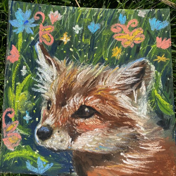 Whimsical Fox Soft Pastel Drawing, Original Hand-Drawn Artwork, 7x7