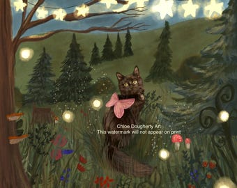 Whimsical Black Cat Art Print, Fairycore Nursery Decor