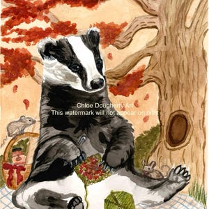 Original Watercolor Badger Illustration, 7”x10” HandPainted Art, Unframed Original Art, Cottagecore Style Woodland Animal Art