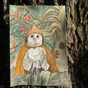 Magical Owl Original Watercolor Art, 7”x10” Whimsical Illustration Art, Handpainted Owl Art, Storybook Style Paintings
