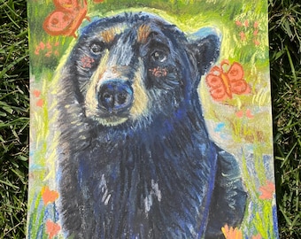 Black Bear Pastel Drawing, Butterfly Landscape Art (7”x10”)