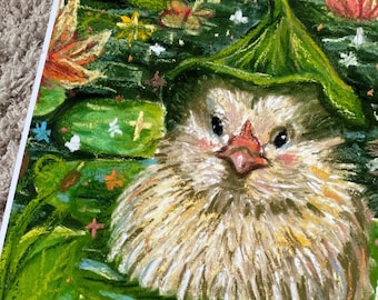May include: A pastel drawing of a fluffy, light-brown bird with a red beak and rosy cheeks, wearing a green leaf hat. The bird is surrounded by green lily pads, colorful flowers, and butterflies.