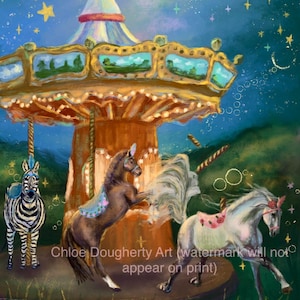 May include: A whimsical carousel painting featuring a zebra and three unicorns. The carousel has a gold and brown structure with a star-topped roof. The background is a starry night sky with a crescent moon.
