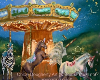 Whimsical Carousel Illustration, Hand Drawn Horse Merry Go Round Painting, Physical Shipped Print